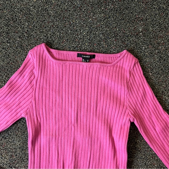 FOREVER21 NWT Bright Pink Square Neck Asymmetrical Ribbed Knit Sweater Shirt M - Picture 8 of 16